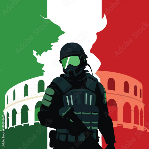 Cartoon vector illustration of a masked military character with a gun and rifle