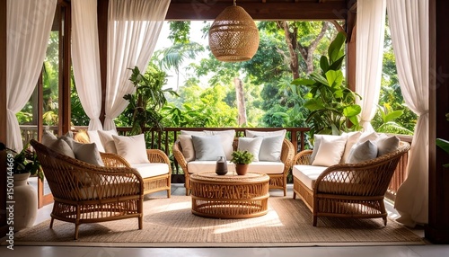 Wicker Furniture Set with Pillows on Porch