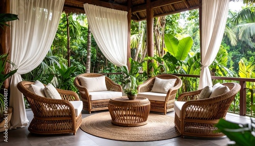 Wicker Furniture Set with Round Rug on Patio