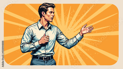 Confident man gesturing while speaking against a vibrant orange background  