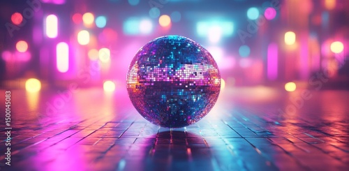 Colorful Disco Ball Reflecting Vibrant Lights in an Energetic Nightlife Atmos...