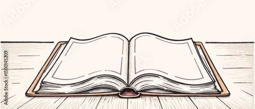 Open book with blank pages on wooden surface in minimal style  