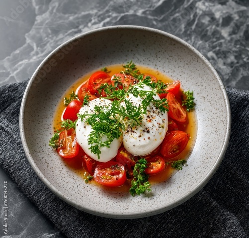 Fresh Salad With Burrata Cheese, Cherry Tomatoes, and Olive Oil Drizzle on a ...