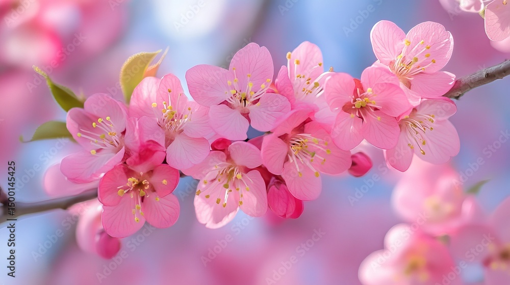 Fototapeta premium Pink blossoms bloom on a slender branch with soft pastel hues in the background.