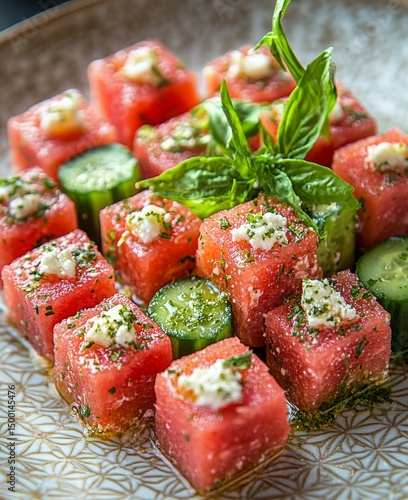 Fresh Watermelon and Cucumber Cubes Garnished With Basil in a Vibrant Salad P...
