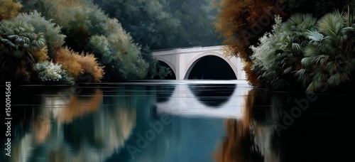 Calm River Reflects Autumn Trees and Ancient Bridge in Peaceful Morning Light