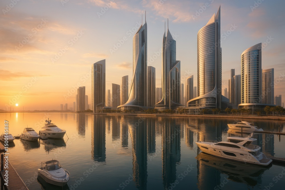 Fototapeta premium Sunrise reflects on modern skyscrapers and luxury yachts in a tranquil waterfront city