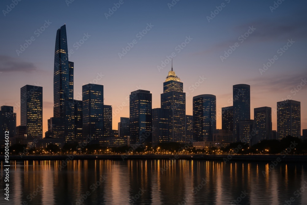 Obraz premium City skyline illuminated at twilight with shimmering reflections in calm waters, creating a serene urban atmosphere