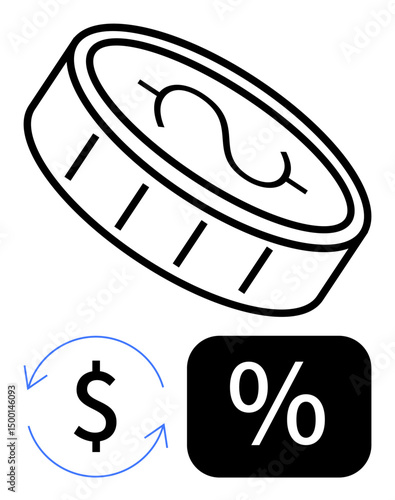 Coin with dollar sign, arrows denoting currency exchange, and percentage symbol combining money, finance, and interest rate. Ideal for banking, economics, trade, savings loans profitability