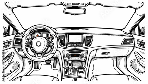 Car interior sketch with dashboard and steering wheel layout  