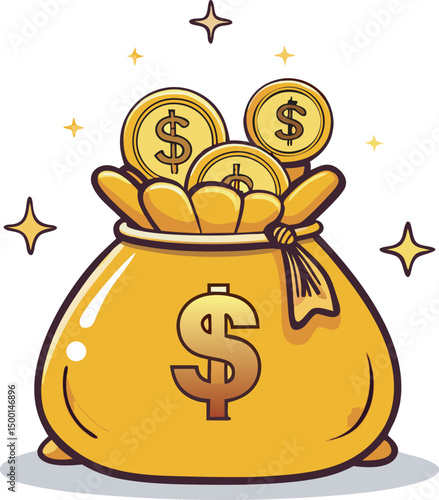  A vector of a shiny golden bag filled with coins symbolizes wealth and prosperity, featuring a dollar sign on the front. This evokes feelings of abundance and financial success