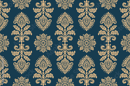 Seamless ethnic floral ornament with an oriental elements background. Contemporary damask seamless pattern. Motifs Ikat floral embroidery design for texture, fabric, clothing, and decoration