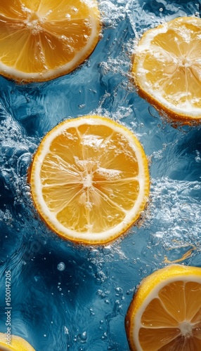 Slices of Lemon Float in Sparkling Blue Water With Bubbles Creating a Refresh...