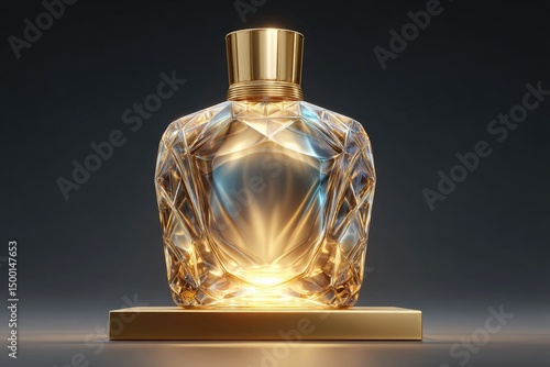 Luxury gold-plated podium showcasing a crystal perfume bottle