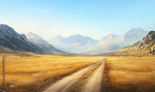 Scenic dirt road through golden grasslands and mountains. AI generated illustration.