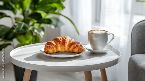 Delicious Croissant and Latte on a Stylish Table With Plants in a Bright Room...