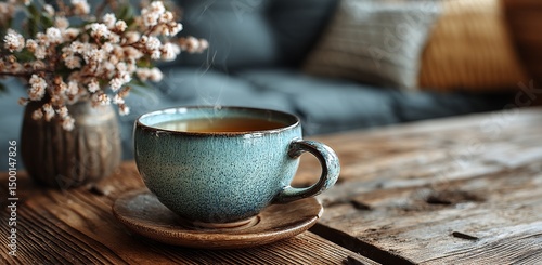 Warm Cup of Coffee on Rustic Wooden Table With Cozy Ambiance in the Background
