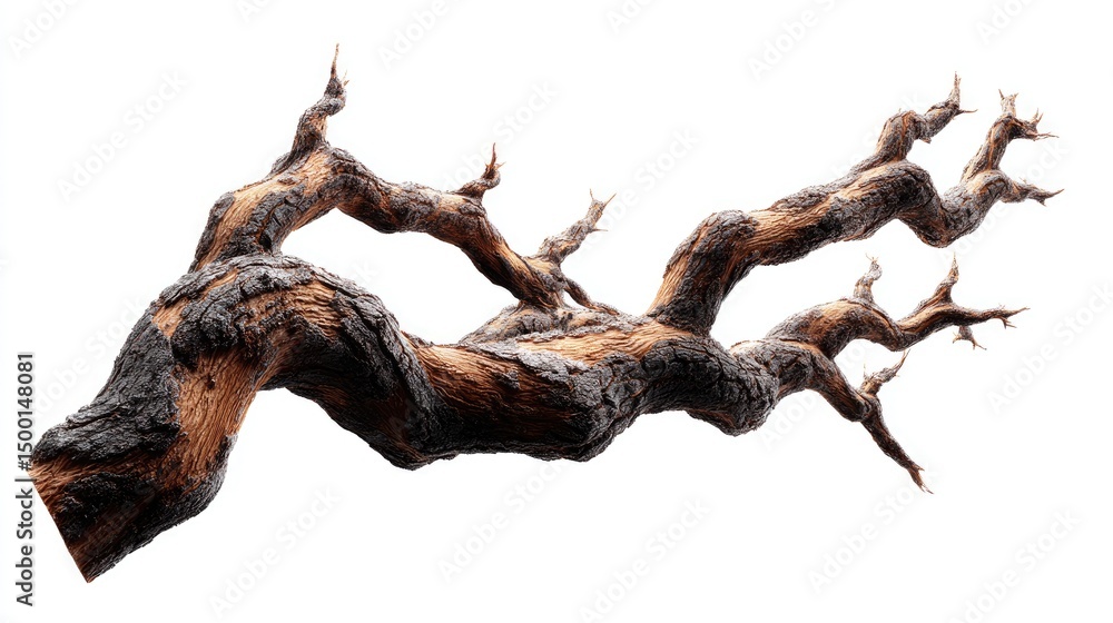 Fototapeta premium Mysterious twisted oak branch with rough bark texture, Gothic aesthetic, isolated on white