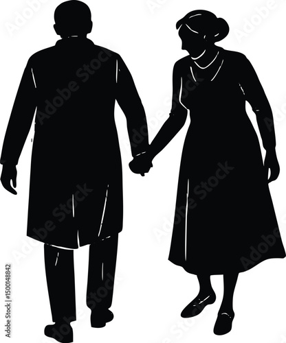 elderly couple walking hand in hand silhouette