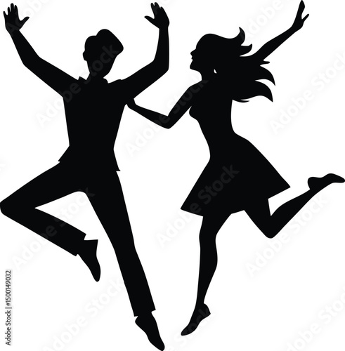 young couple jumping in air silhouette