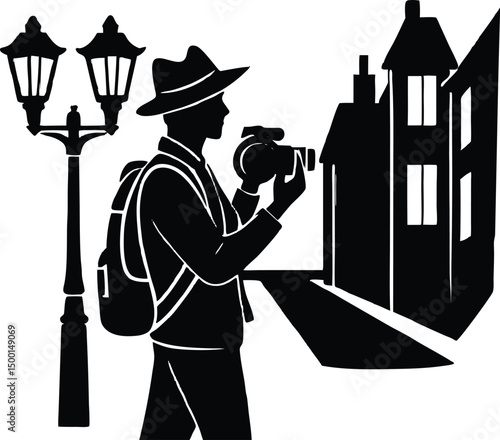 tourist with camera on street silhouette