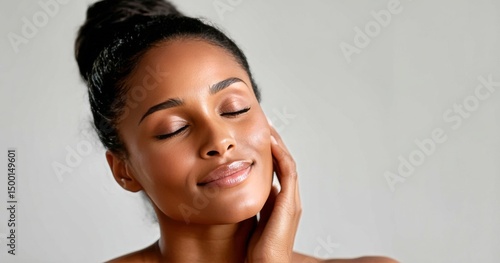 Woman Enjoying a Serene Moment While Gently Touching Her Face in Soft Natural...
