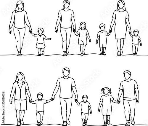One Line Family Walking Silhouette – Minimalist Family Art Set amily Together Line Drawing – Continuous Silhouette Vector 