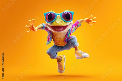Stylish frog wearing sunglasses and colorful clothes jumping and dancing