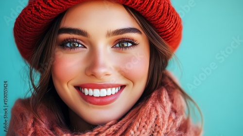 Bright Smile of a Young Woman Wearing a Red Hat and Scarf Against a Turquoise...