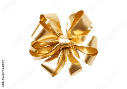 Elegant gold satin ribbon bow isolated on a white background, Png Transparent Background