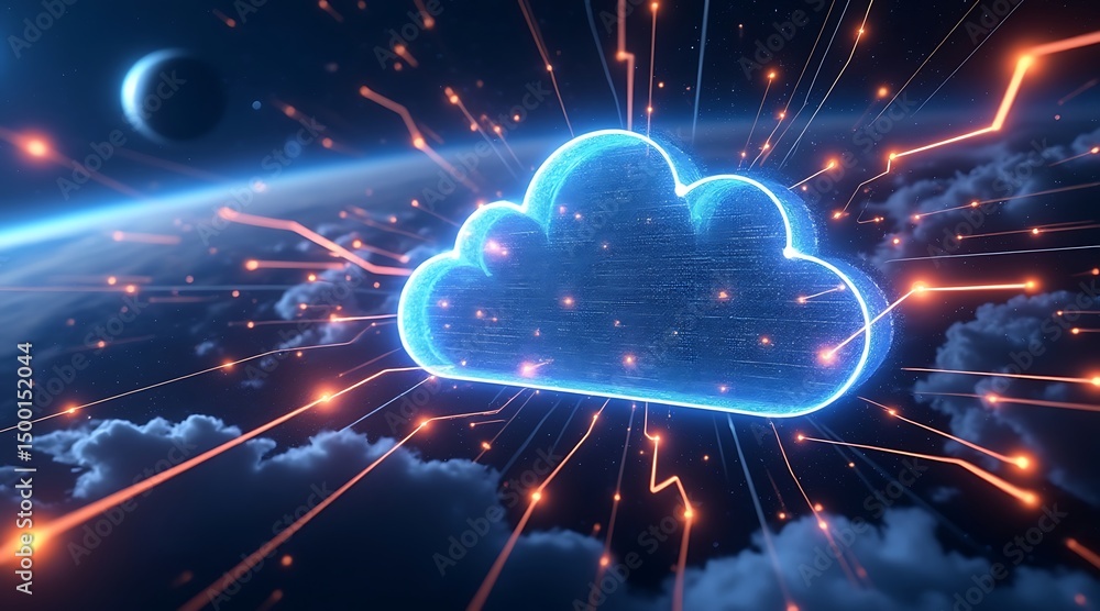 Futuristic cloud computing concept with glowing cloud in space environment representing data transfer Futuristic cloud computing concept with glowing cloud in space environment representing data transfer