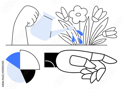 Watering flowers depicting nurturing growth, pie chart for data analysis, pointing robotic hand symbolizing innovation. Ideal for growth, sustainability, technology, teamwork, strategies, planning