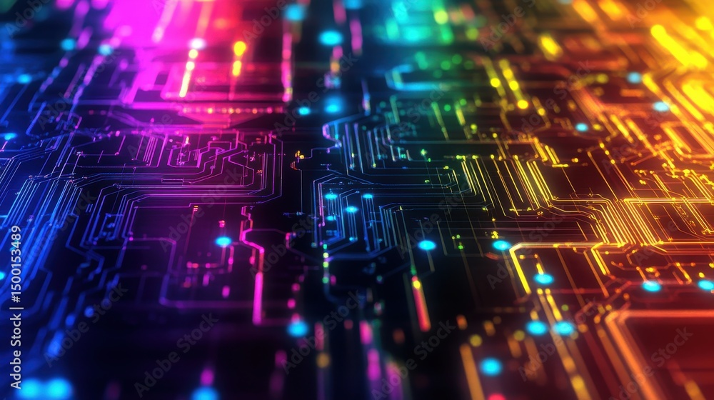 Vibrant Abstract Circuit Board Background with Neon Color Palette Vibrant Abstract Circuit Board Background with Neon Color Palette