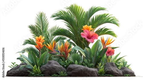 Tropical paradise garden cutout - Hibiscus, bird of paradise and palm varieties with volcanic rocks and mulch, isolated on white