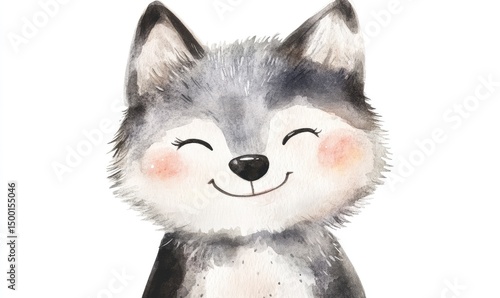 Happy kid wolf doll, watercolor style. AI generated illustration.