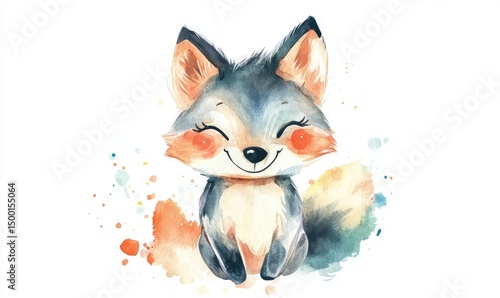 Happy kid wolf doll, watercolor style. AI generated illustration.