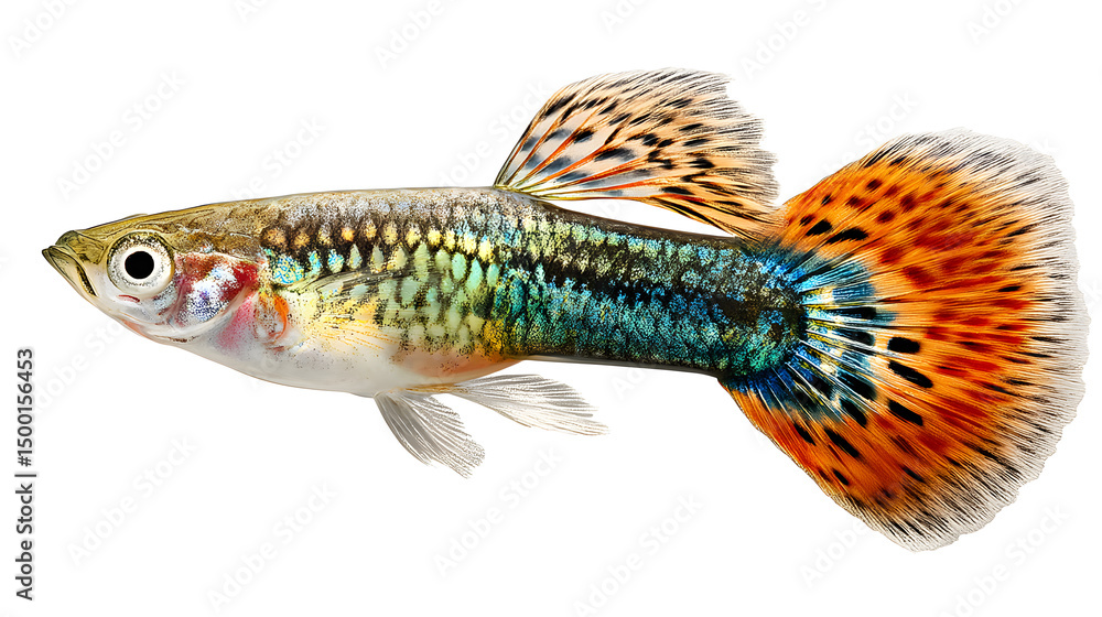 Vibrant male guppy displaying intricate patterns and bright colors against a white background. Vibrant male guppy displaying intricate patterns and bright colors against a white background.