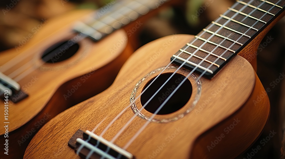 Obraz premium Ukuleles showcase their wooden bodies and strings in a close up view, sitting near each other indoors.