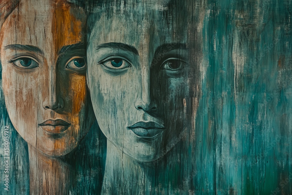 Two women from the renaissance era are posing in profile, displaying a cracked fresco painting technique Two women from the renaissance era are posing in profile, displaying a cracked fresco painting technique