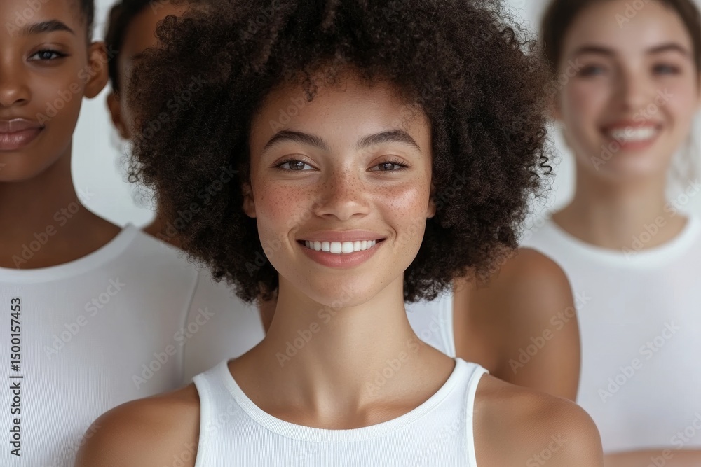 Obraz premium A young Latin woman is smiling while standing in front of a diverse group of students
