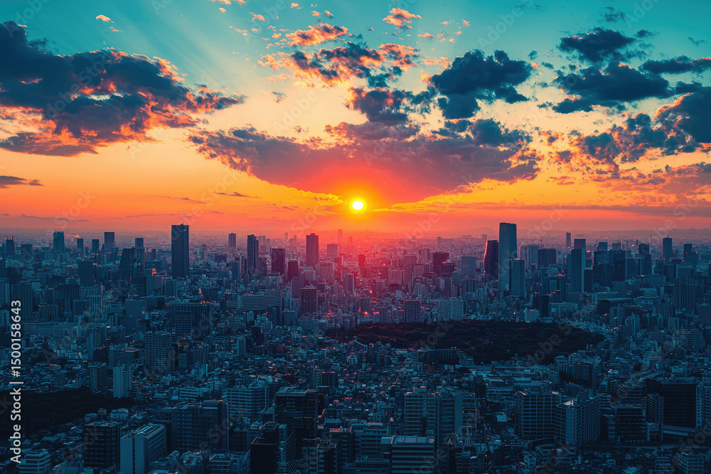Fototapeta premium Vibrant sunset paints the sprawling cityscape with warm hues, casting long shadows across the city skyline.