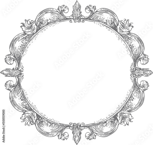 Ornate circular vintage frame with intricate floral design illustration. Vector illustration