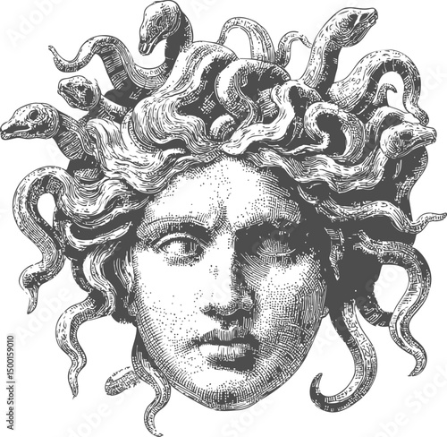 Vintage engraving of medusa head with snakes as hair in black and white. Vector illustration