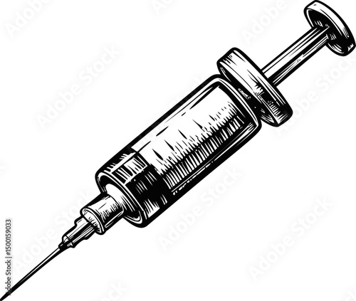 Black and white drawing of a syringe with detailed shading, medical sketch style. Vector illustration