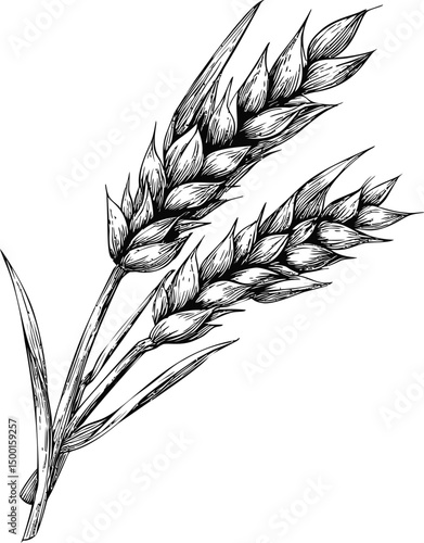 Detailed black and white drawing of wheat stalks with intricate lines. Vector illustration