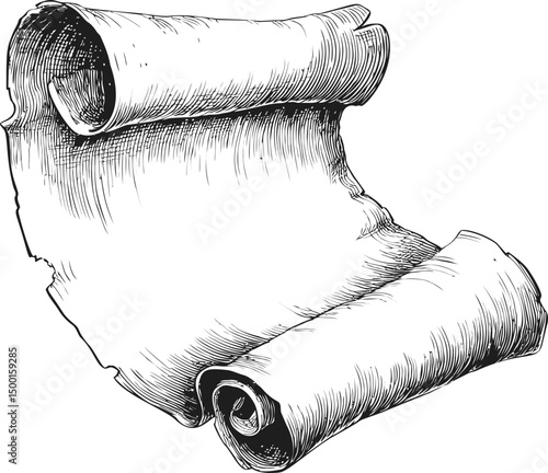 Old parchment scroll illustration in black and white with intricate details. Vector illustration in sketch style