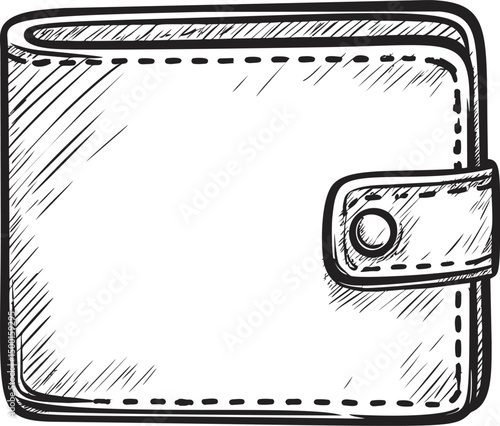 Illustration of a classic leather wallet sketch with buttoned flap design. Vector illustration