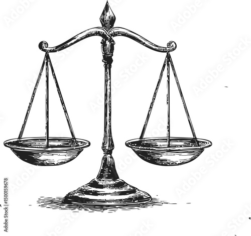 Vintage black and white drawing of scales of justice symbolizing balance. Vector illustration in sketch style