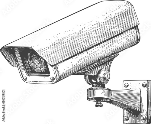 Detailed sketch of a security camera mounted on a wall, safety surveillance concept. Vector illustration