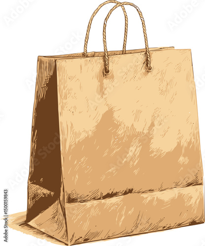 Illustration of a brown paper shopping bag with handles in vintage style. Vector illustration